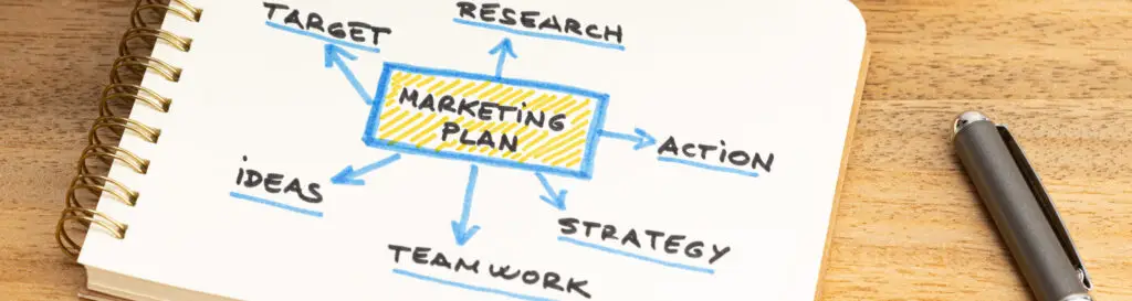 A notebook with a hand-drawn marketing plan diagram lies on a wooden desk. The plan, in the center, is connected with arrows to "Research," "Action," "Strategy," "Team Work," "Ideas," and "Target." Beside the notebook are a pair of glasses, a pen, and a coffee cup—tools for empowering women in business.