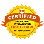 A gold badge with a sunburst design featuring a ribbon. The top of the badge has "EQ" inside a circle, followed by "CERTIFIED" on the ribbon. Below, it reads "EMOTIONAL INTELLIGENCE LIFE COACH" and "TRANSFORMATION ACADEMY" at the bottom.