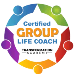 A multicolored circular logo with five connected dots in blue, green, yellow, red, and purple, surrounding words in the center that read "Certified Group Life Coach." A star shape is integrated behind the wording.