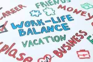 A hand-drawn illustration with the central phrase "Work-Life Balance" surrounded by related words such as "Career," "Friends," "Money," "Vacation," "Please," "Business," and more, in a mix of colors and styles, including images of puzzle pieces, bags, and checkmarks.